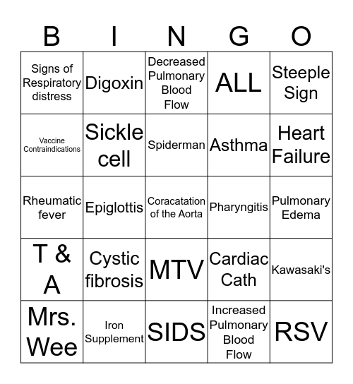 Pediatrics NR 328 Bingo Card