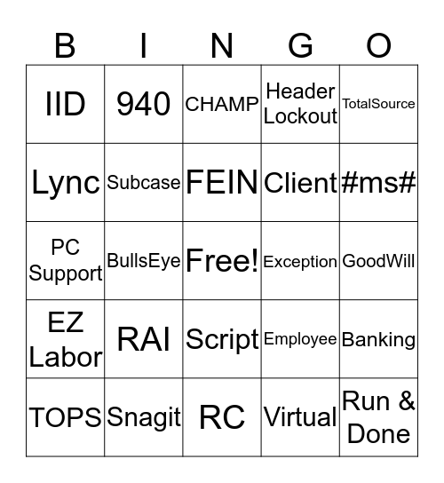 ADP Lingo Bingo Card