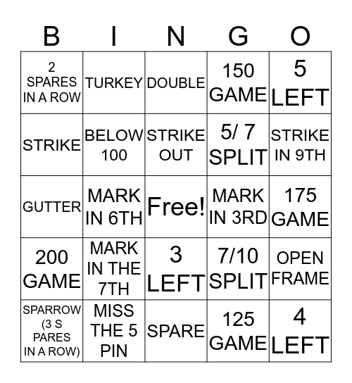 Bowling Bingo Card