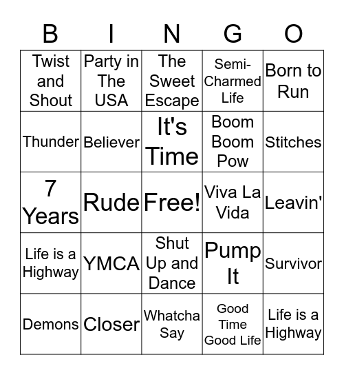 YMCA Music Bingo Card