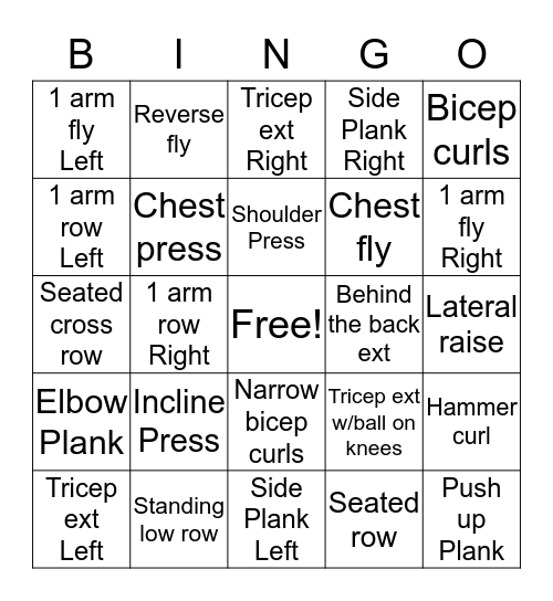 Upper Body Bingo Card