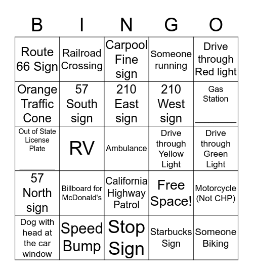 Southern California Driving Bingo  Bingo Card