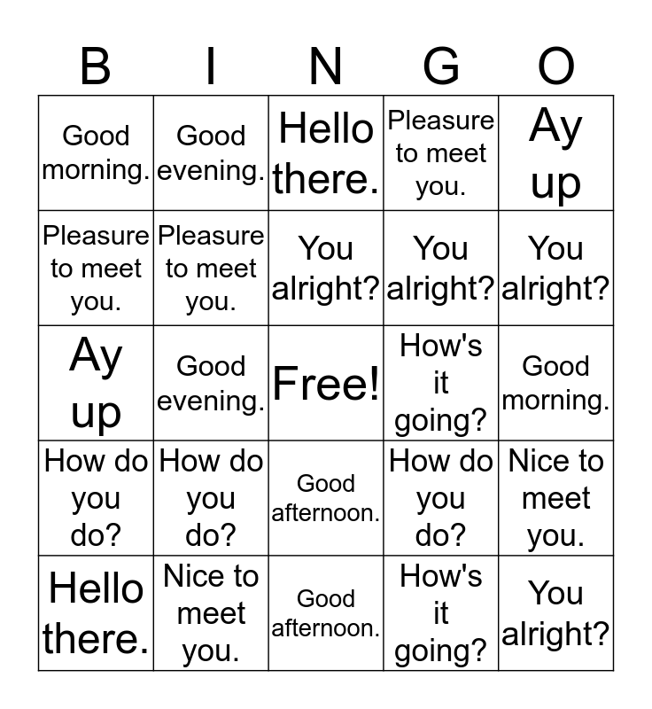 English Greetings Bingo Card
