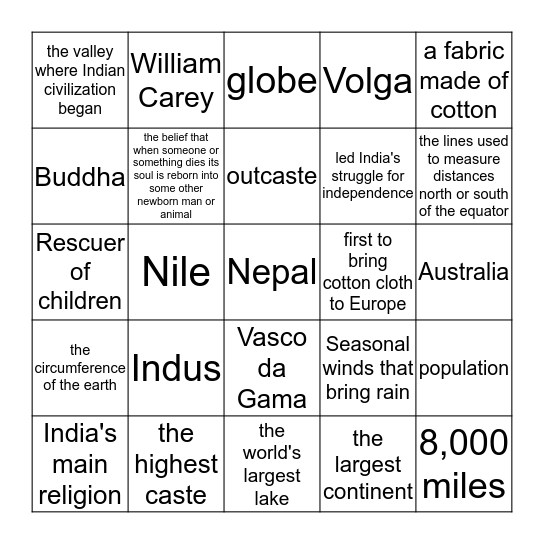 5th grade history chapter 5 Terms/location Bingo Card