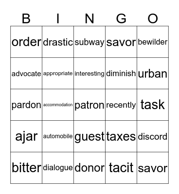Blue Ridge English Class BINGO Card
