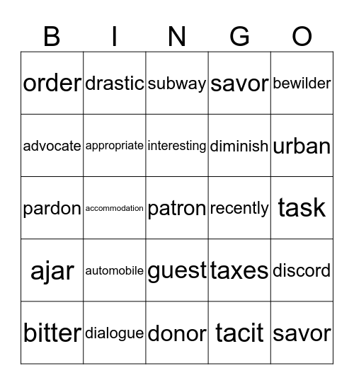 Blue Ridge English Class BINGO Card