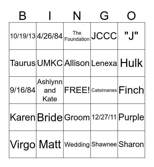 Bridal Shower BINGO Card
