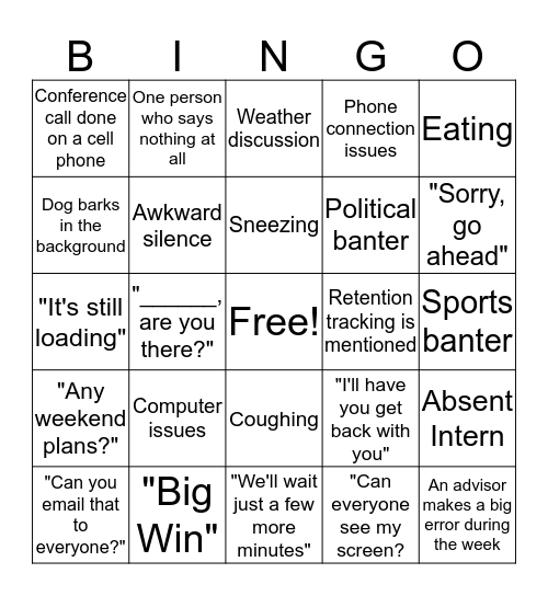 Service Meeting Bingo Card