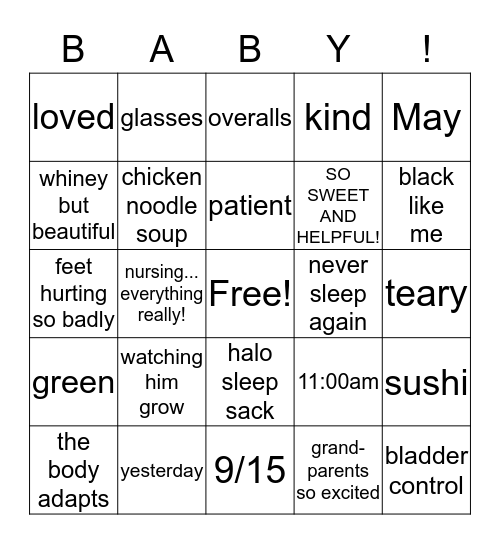 Baby Bingo Card