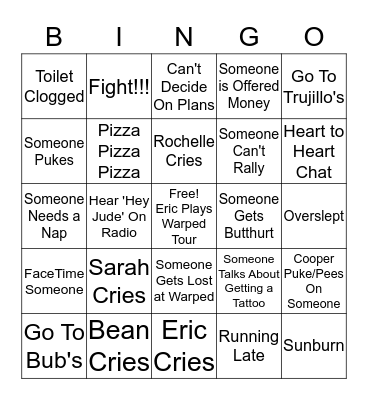 Warped Vacation Bingo Card