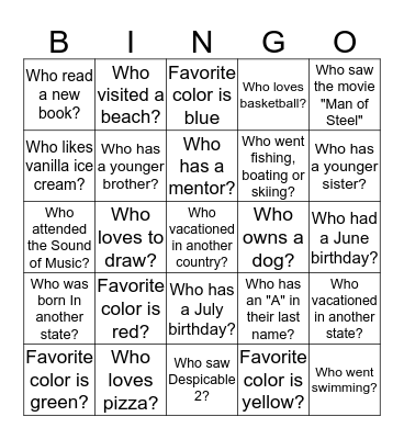 Welcome Back Bingo Card