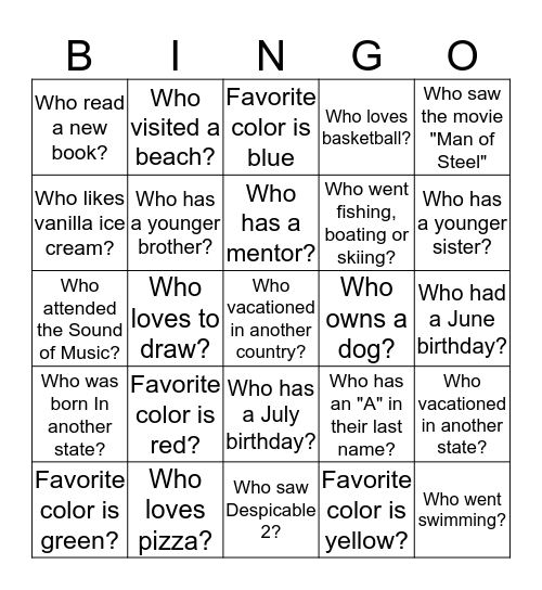 Welcome Back Bingo Card