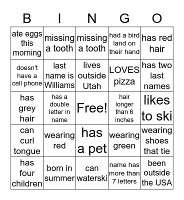 Williams Family BINGO Card