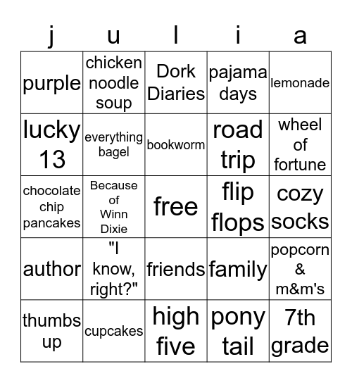 JULIA's 13th Birthday Bingo Card