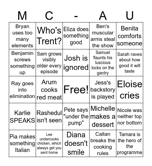 MasterChef 2017 Bingo Card