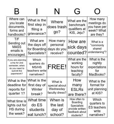 KIS Jeju Faculty Bingo! Bingo Card