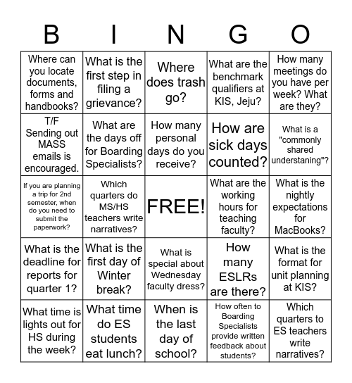 KIS Jeju Faculty Bingo! Bingo Card