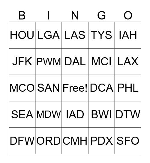Airport Code Bingo Card