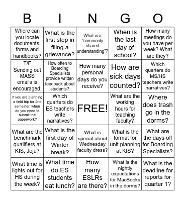 KIS Jeju Faculty Bingo! Bingo Card