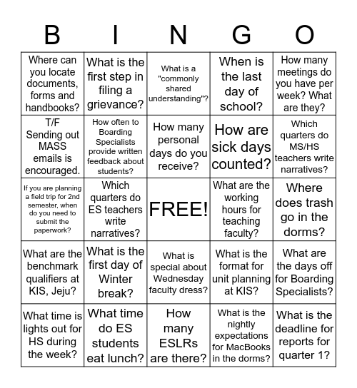 KIS Jeju Faculty Bingo! Bingo Card