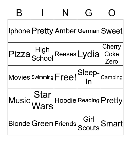 Alicia's 16th Birthday Bingo Card