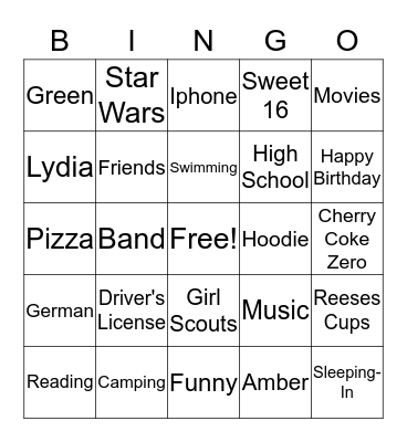 Alicia's 16th Birthday Bingo Card