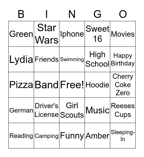 Alicia's 16th Birthday Bingo Card