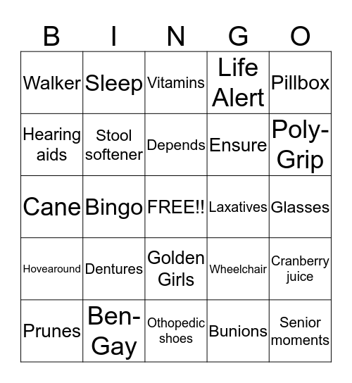OVER THE HILL Bingo Card