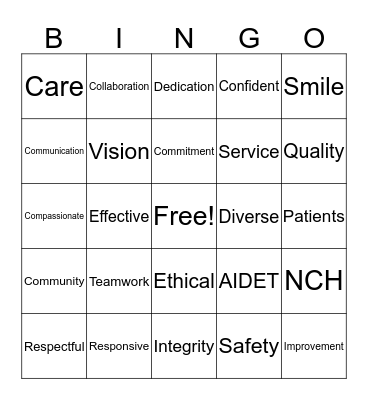 NCH Service Excellence Bingo Card