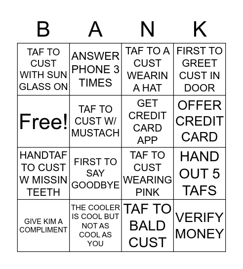 BANKO W/O THE O Bingo Card