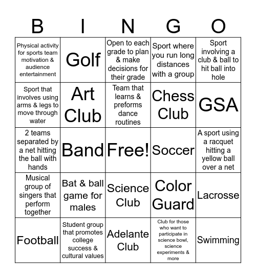 Club & Sport Bingo Card