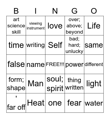 Greek Roots Bingo Card