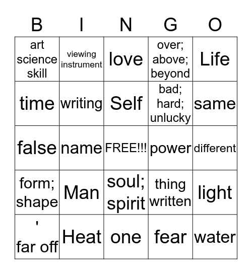 Greek Roots Bingo Card