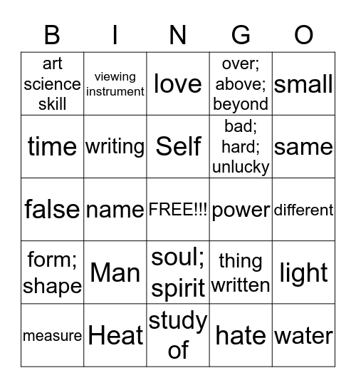 Greek Roots Bingo Card