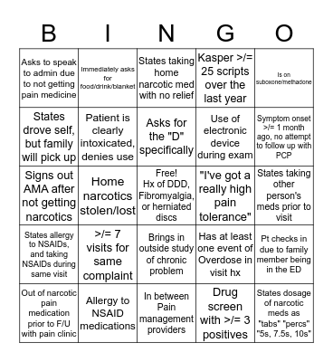 Chronic Pain Bingo Card