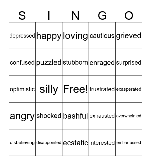 Emotions Singo Bingo Card
