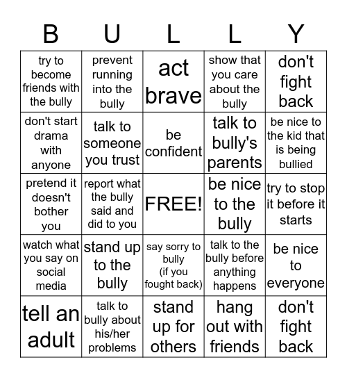 Anti-bullying Bingo Card