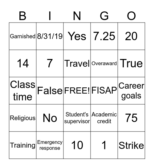 Student Employment BINGO! Bingo Card