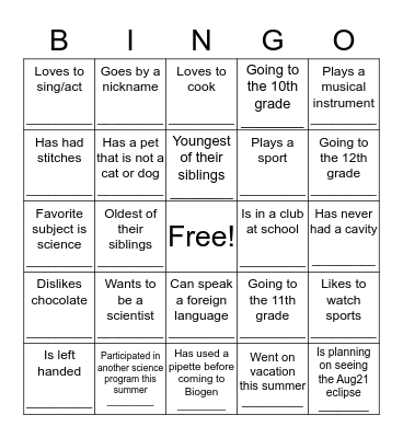 Get to Know the Students Bingo Card