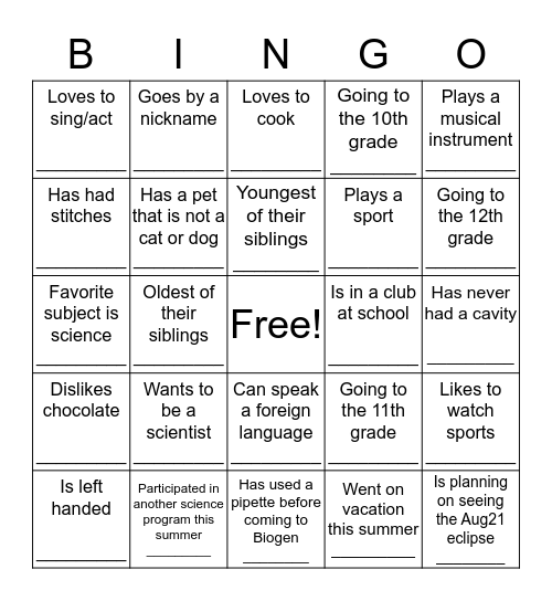 Get to Know the Students Bingo Card