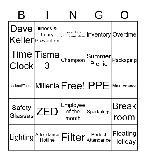 FEDERAL MOGUL BINGO Card