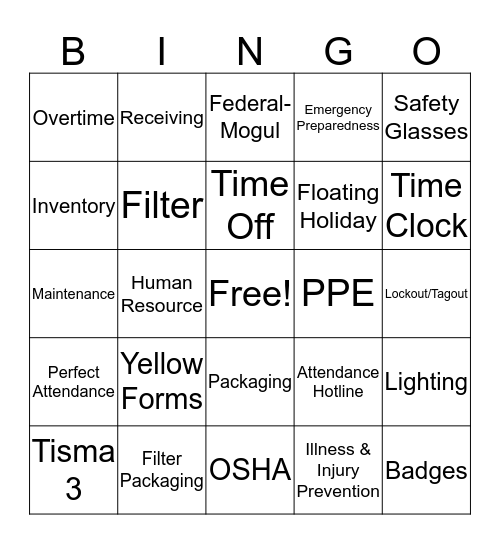FEDERAL MOGUL BINGO Card