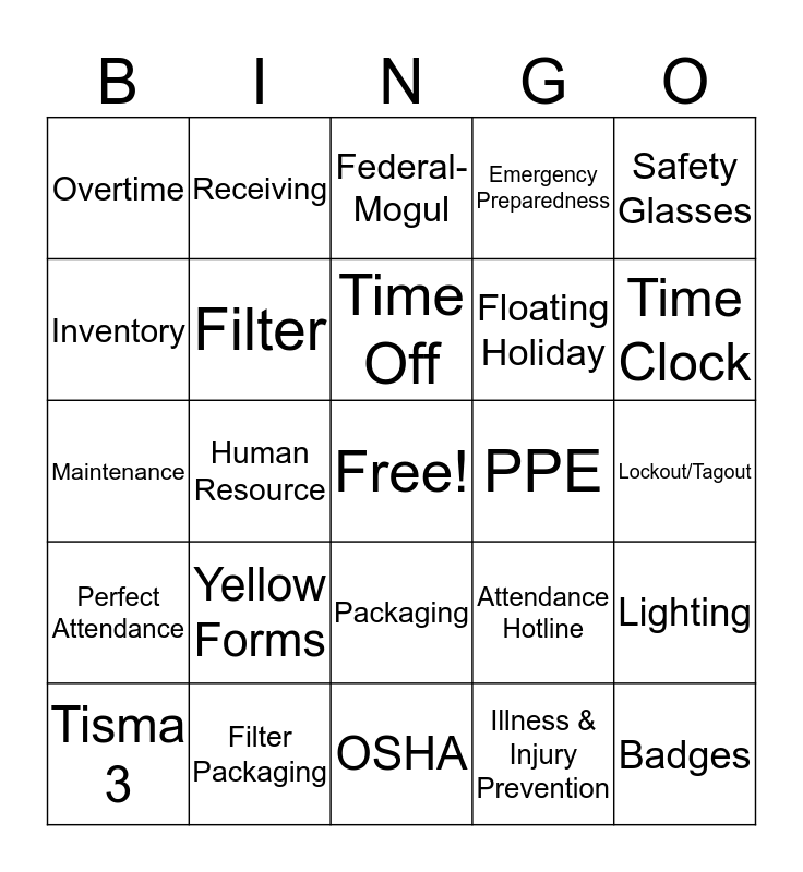 Federal Mogul Bingo Card