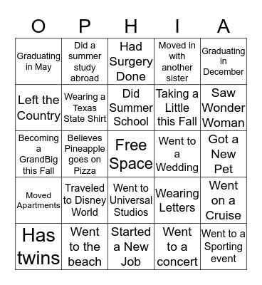 OPHIA Bingo Card
