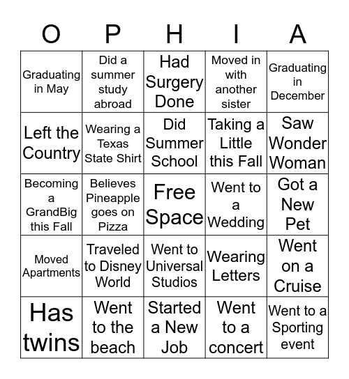 OPHIA Bingo Card