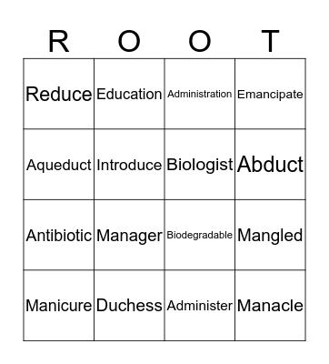 Root Word Bingo Card