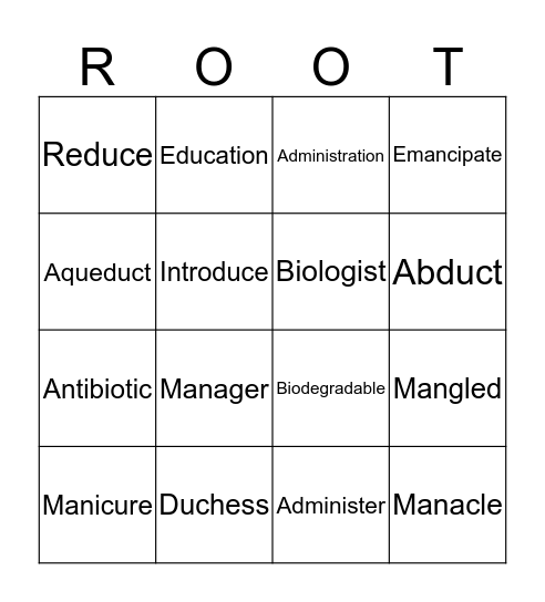 Root Word Bingo Card