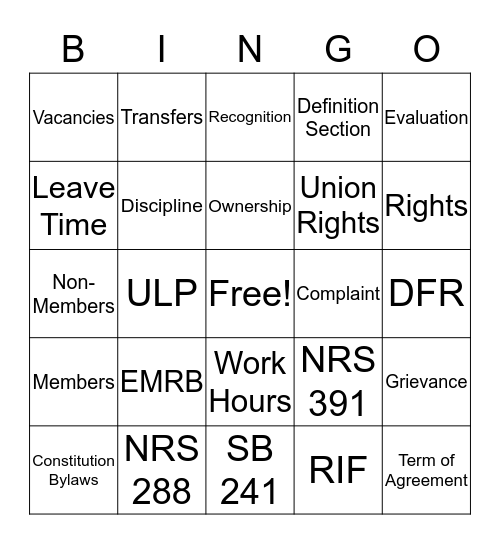 UCN ~ Know your Contract Bingo Card