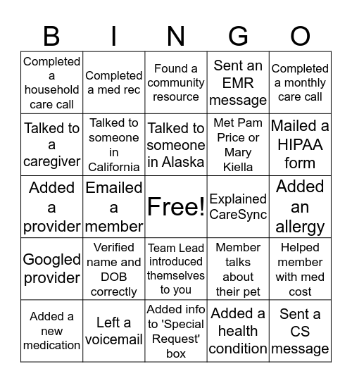 Care Coordination Bingo Card