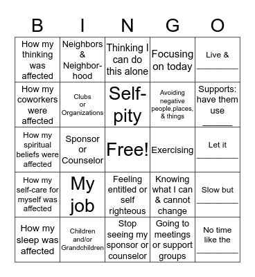 Recovery Bingo Card